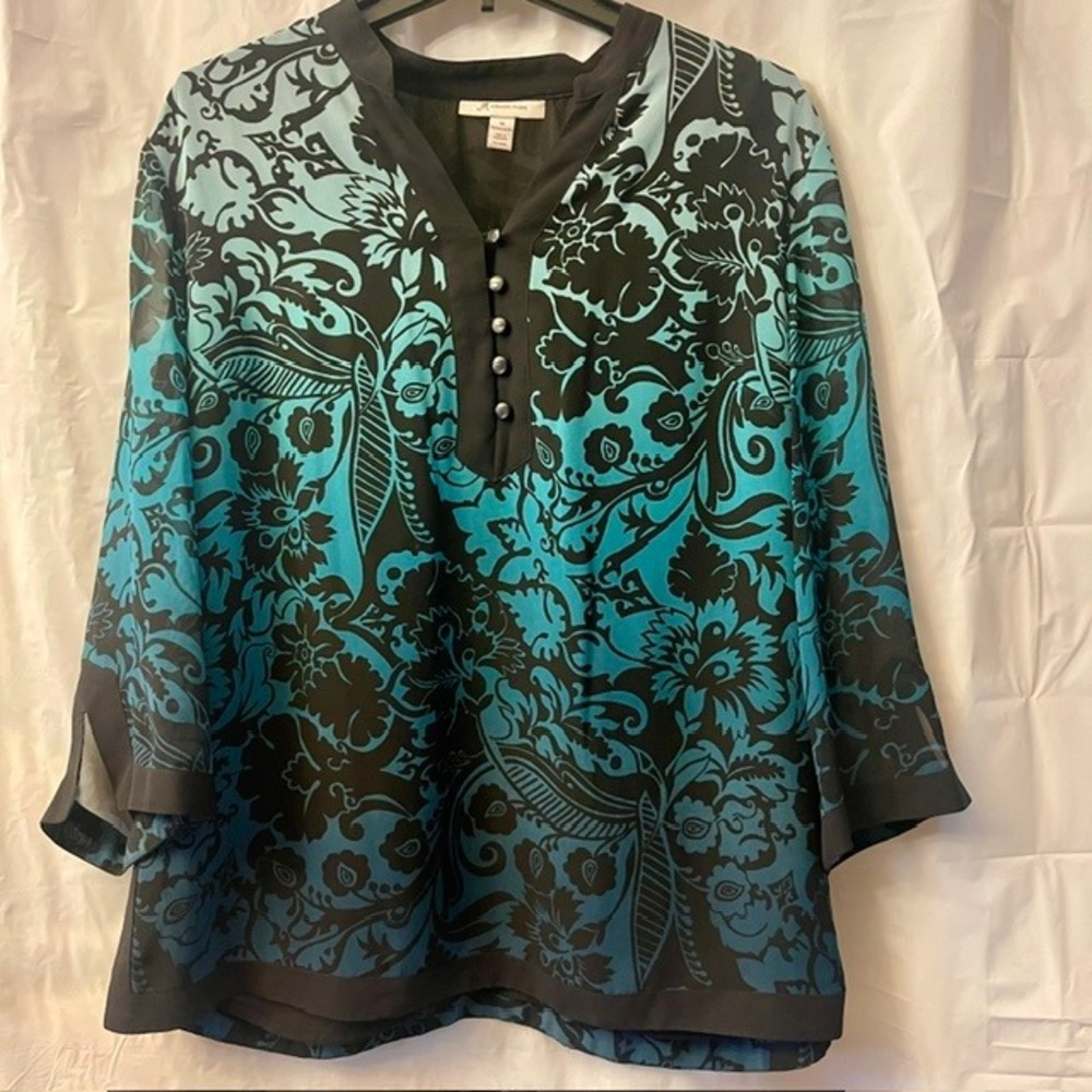 JM Collection Teal Black Baroque Floral Ombre Chiffon Dressy Tunic Blouse Sz 14